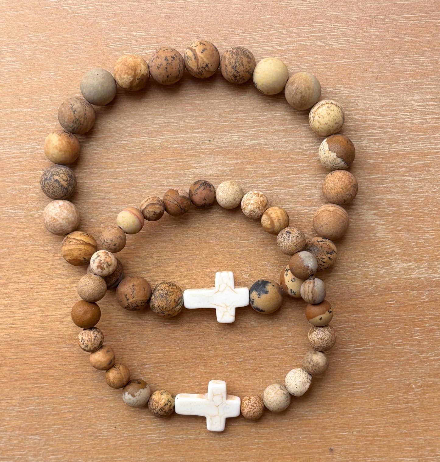 His & Her Natural Jasper Cross Bracelet Set