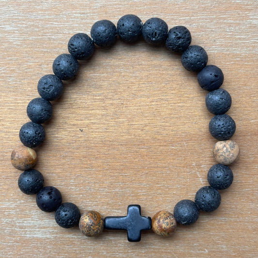 Black Lava & Picture Jasper Beaded Cross Bracelet