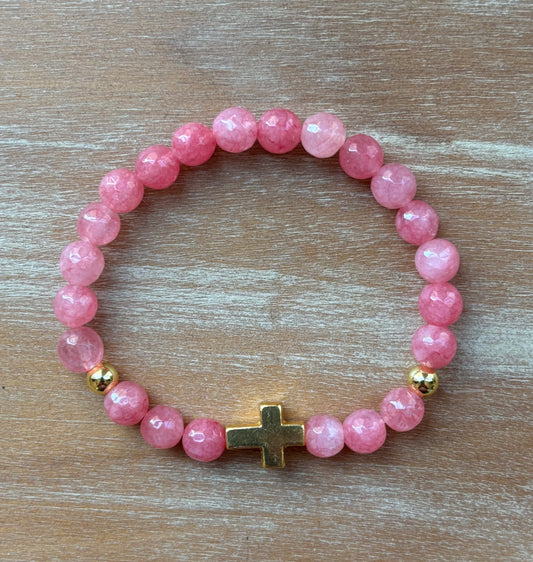 Pink Chalcedony Cross Bracelet